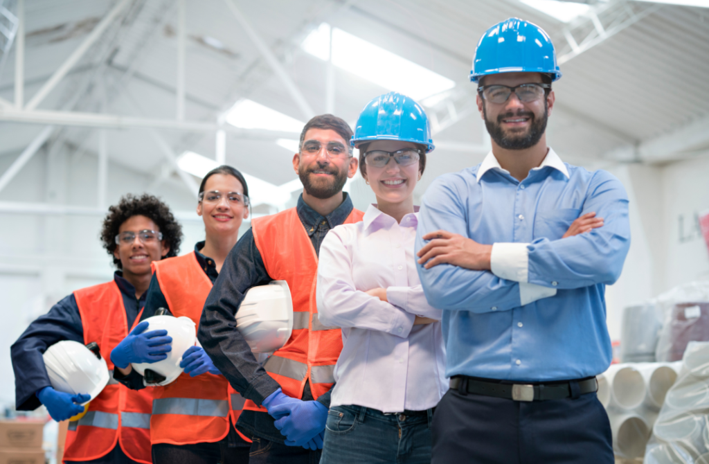 CIPA e SESMT: cinco representações de trabalhadores, todos usando capacetes. Na frente, um homem e uma mulher com capacetes azuis, seguidos por três pessoas com capacetes brancos e coletes laranjas.