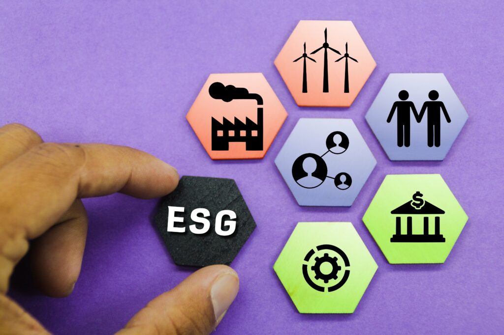 Fundo roxo, peças em formato de hexágono com conceitos de esg.